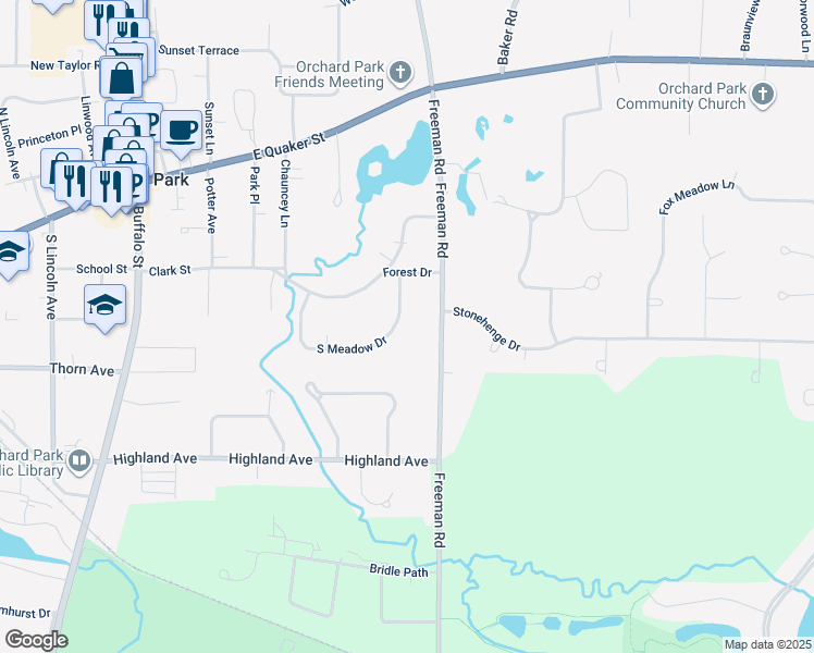 map of restaurants, bars, coffee shops, grocery stores, and more near 30 South Meadow Drive in Orchard Park
