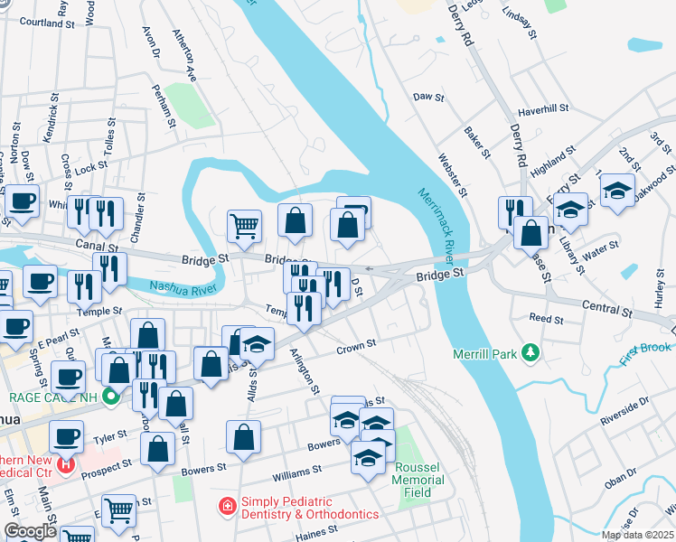 map of restaurants, bars, coffee shops, grocery stores, and more near 49 Bridge Street in Nashua
