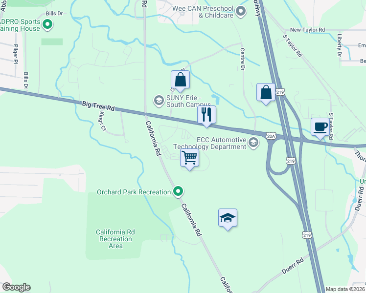 map of restaurants, bars, coffee shops, grocery stores, and more near 1 Fox Run Lane in Orchard Park
