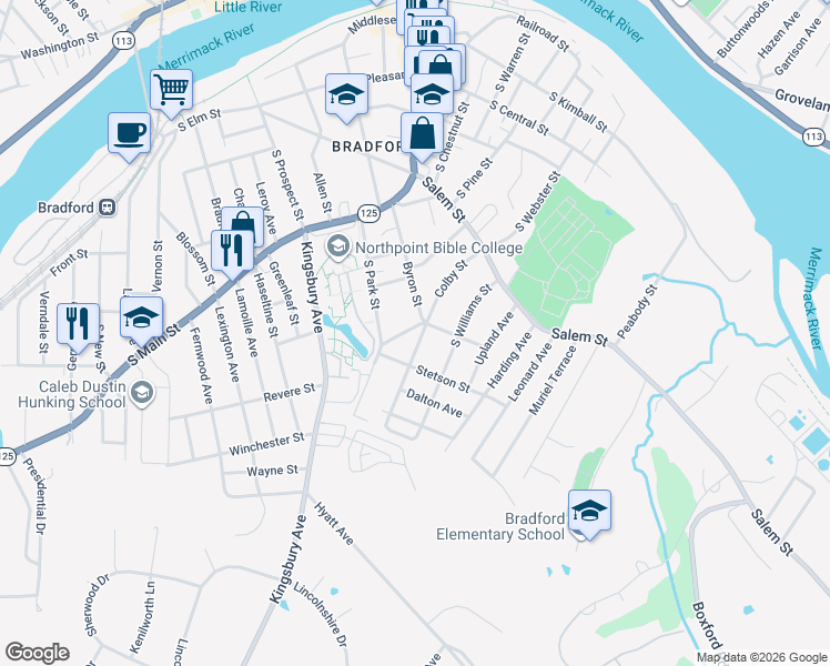 map of restaurants, bars, coffee shops, grocery stores, and more near 2 Academy Avenue in Haverhill