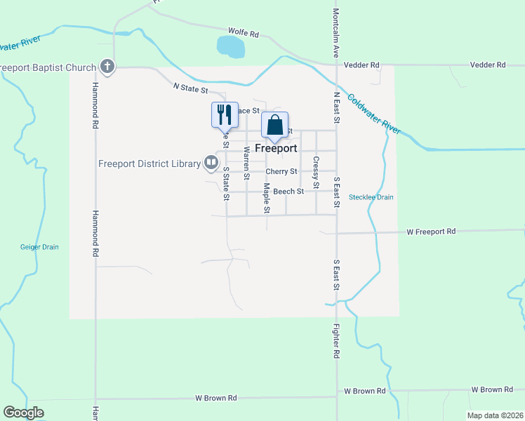 map of restaurants, bars, coffee shops, grocery stores, and more near 232 North Maple Street in Freeport