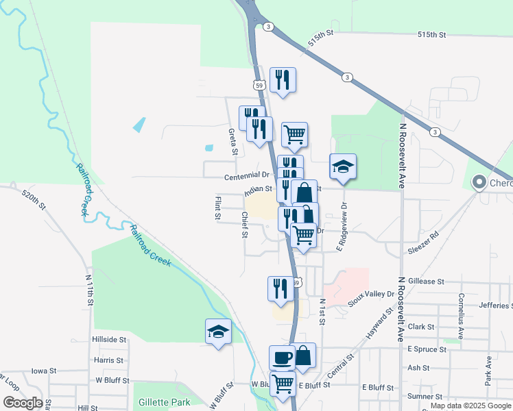 map of restaurants, bars, coffee shops, grocery stores, and more near 1111 North 2nd Street in Cherokee