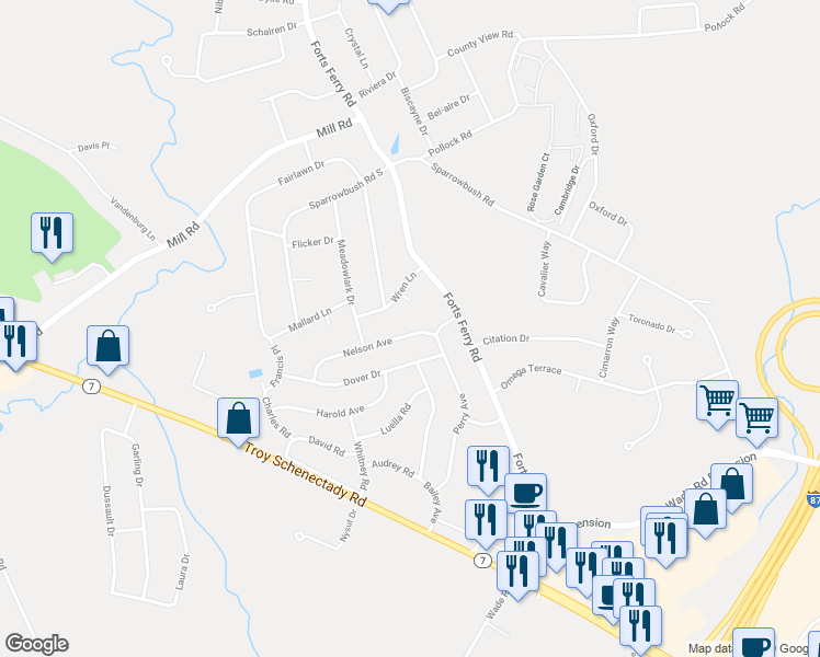 map of restaurants, bars, coffee shops, grocery stores, and more near 7 Nelson Avenue in Latham