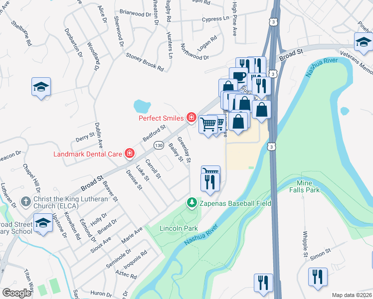 map of restaurants, bars, coffee shops, grocery stores, and more near 10 Greenlay Street in Nashua