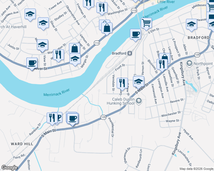 map of restaurants, bars, coffee shops, grocery stores, and more near 16 South Merrill Street in Haverhill