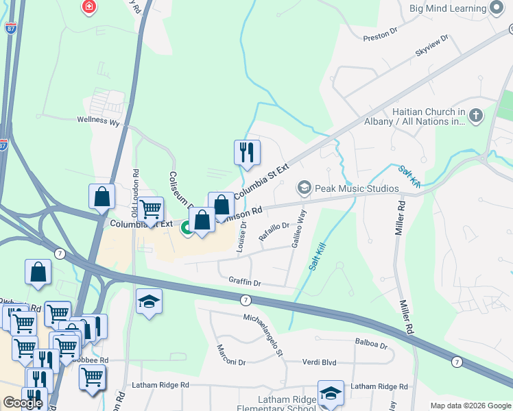 map of restaurants, bars, coffee shops, grocery stores, and more near 14 Johnson Road in Latham