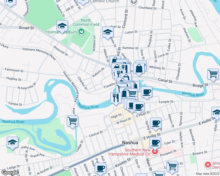 map of restaurants, bars, coffee shops, grocery stores, and more near 34 Franklin Street in Nashua