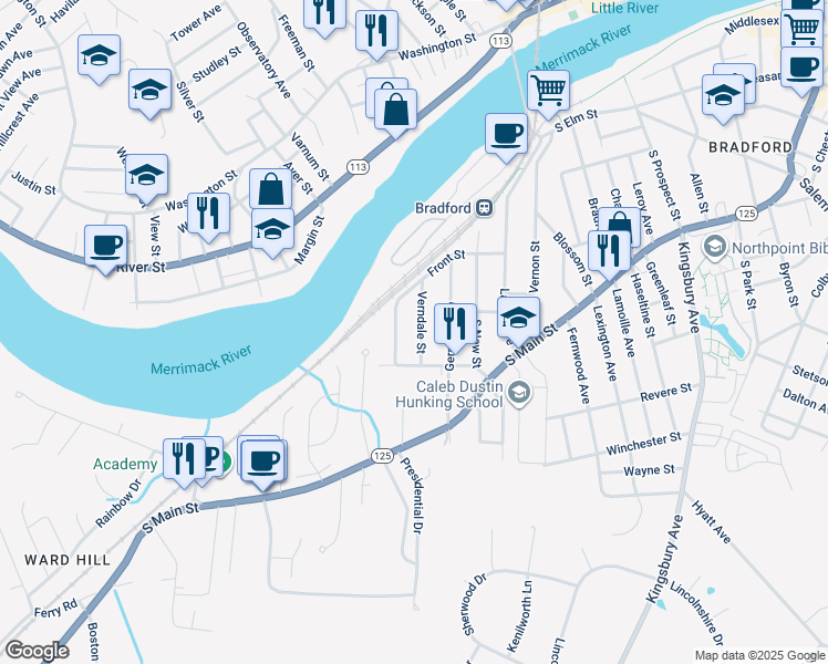map of restaurants, bars, coffee shops, grocery stores, and more near 19 Verndale Street in Haverhill