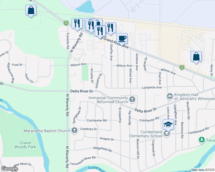 map of restaurants, bars, coffee shops, grocery stores, and more near 2910 Lafayette Circle in Lansing