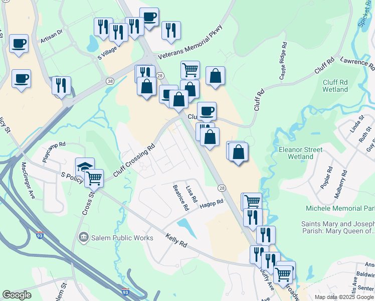 map of restaurants, bars, coffee shops, grocery stores, and more near 9 Tiffany Road in Salem