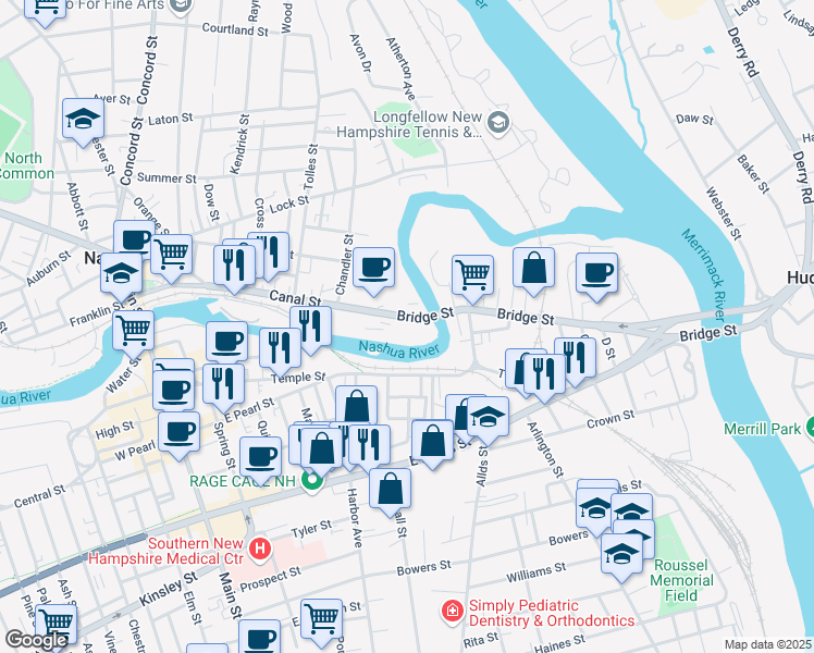 map of restaurants, bars, coffee shops, grocery stores, and more near 141-145 Bridge Street in Nashua
