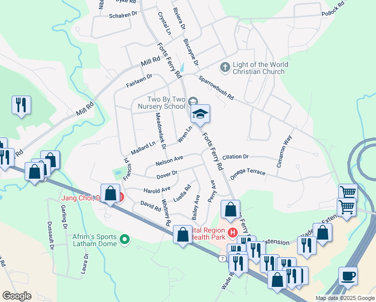 map of restaurants, bars, coffee shops, grocery stores, and more near 7 Nelson Avenue in Latham