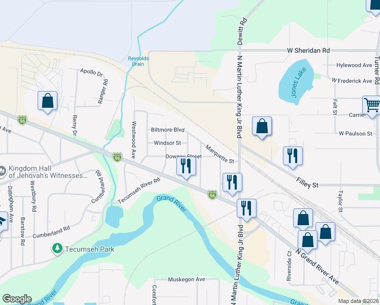 map of restaurants, bars, coffee shops, grocery stores, and more near 1414 Downey Street in Lansing