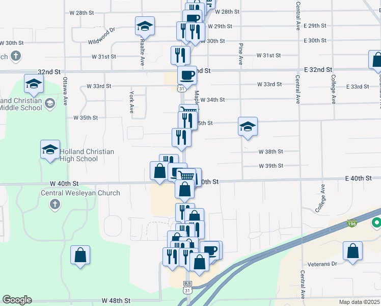 map of restaurants, bars, coffee shops, grocery stores, and more near 927 Washington Avenue in Holland