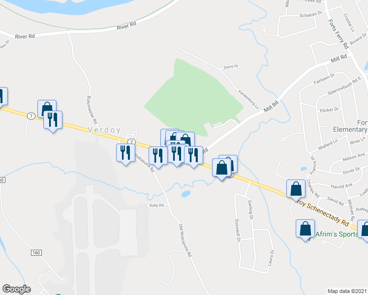map of restaurants, bars, coffee shops, grocery stores, and more near 2 Mill Road in Latham
