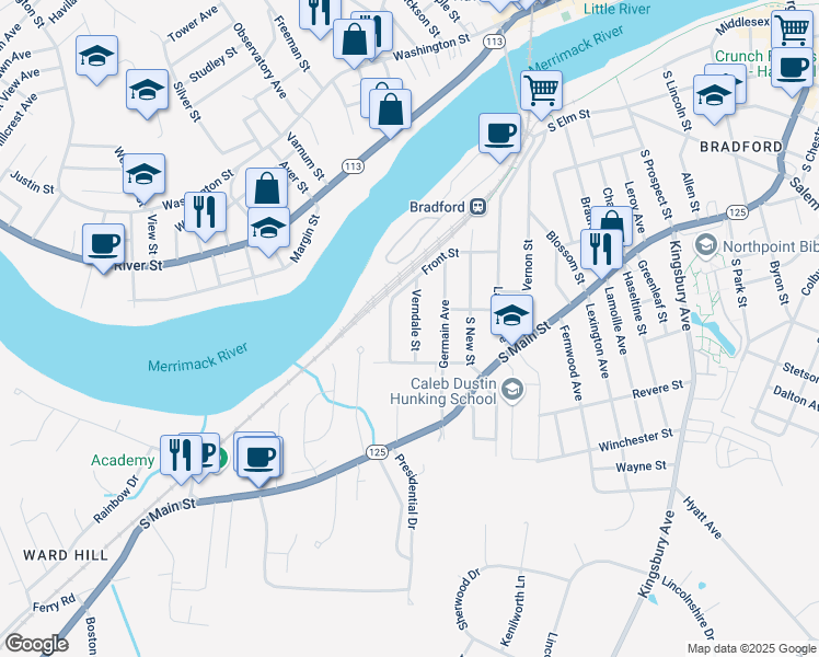 map of restaurants, bars, coffee shops, grocery stores, and more near 19 Verndale Street in Haverhill