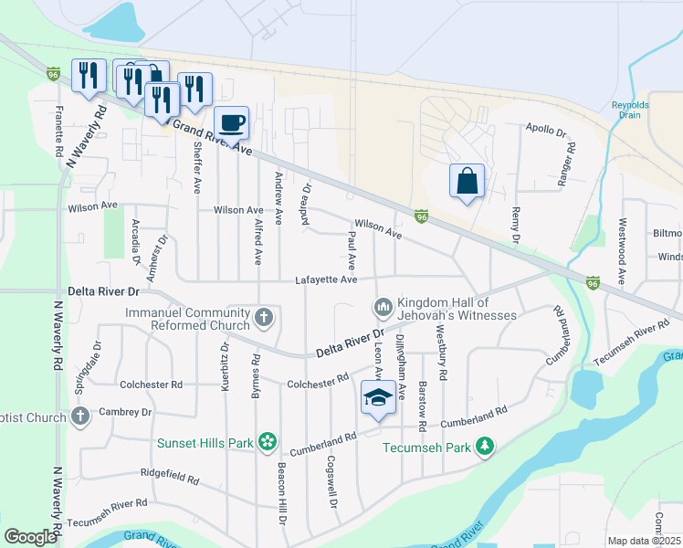 map of restaurants, bars, coffee shops, grocery stores, and more near 2910 Lafayette Avenue in Lansing