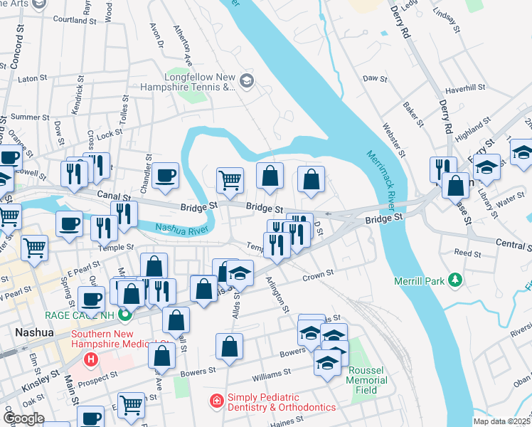 map of restaurants, bars, coffee shops, grocery stores, and more near 1 Jackson Street in Nashua