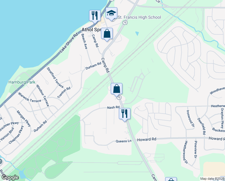 map of restaurants, bars, coffee shops, grocery stores, and more near 4480 Camp Road in Hamburg
