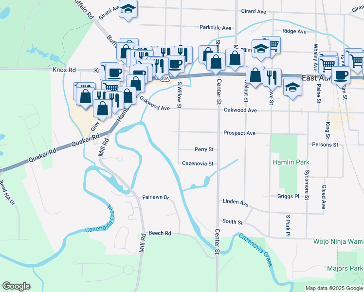 map of restaurants, bars, coffee shops, grocery stores, and more near 254 Perry Street in East Aurora
