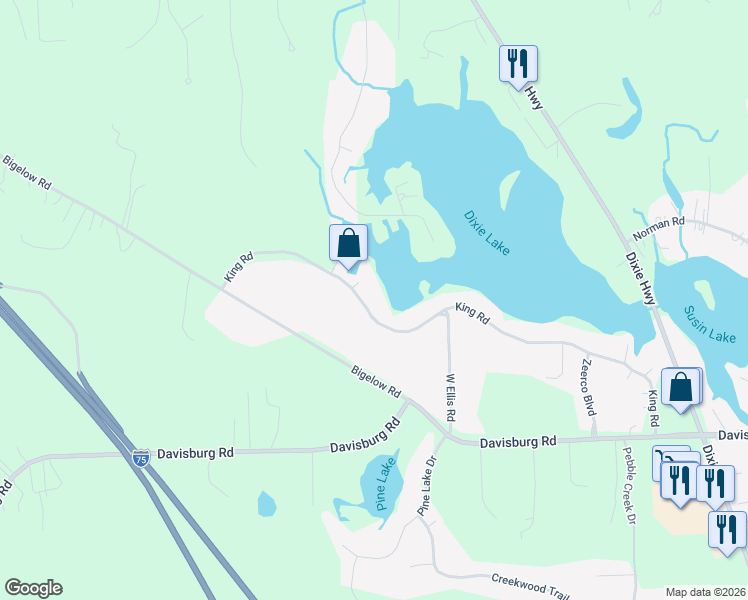 map of restaurants, bars, coffee shops, grocery stores, and more near 10462 King Road in Oakland County