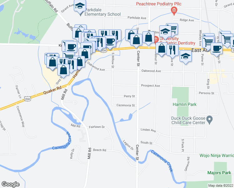 map of restaurants, bars, coffee shops, grocery stores, and more near 254 Perry Street in East Aurora