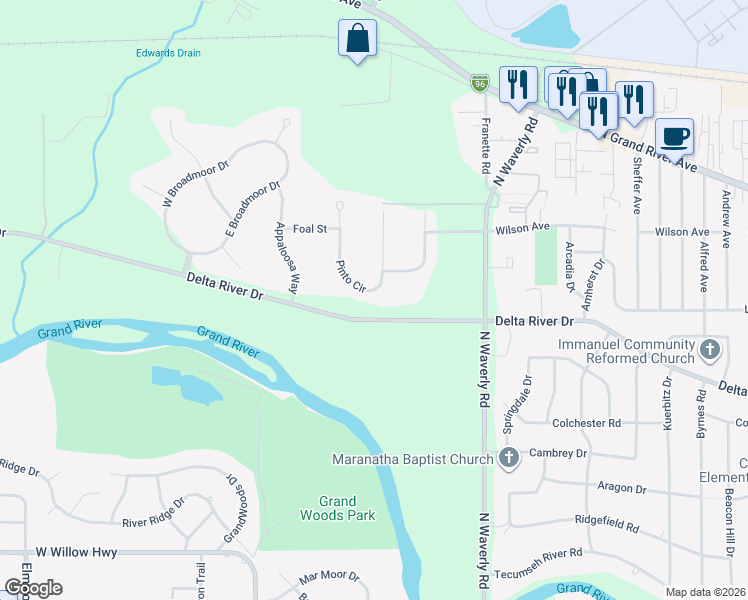 map of restaurants, bars, coffee shops, grocery stores, and more near 2923 Pinto Circle in Lansing