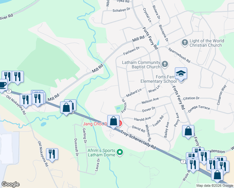 map of restaurants, bars, coffee shops, grocery stores, and more near 91 Fairlawn Dr in Latham
