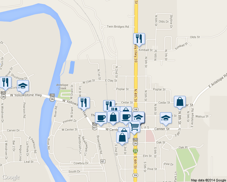 map of restaurants, bars, coffee shops, grocery stores, and more near 338 N 2nd St in Douglas