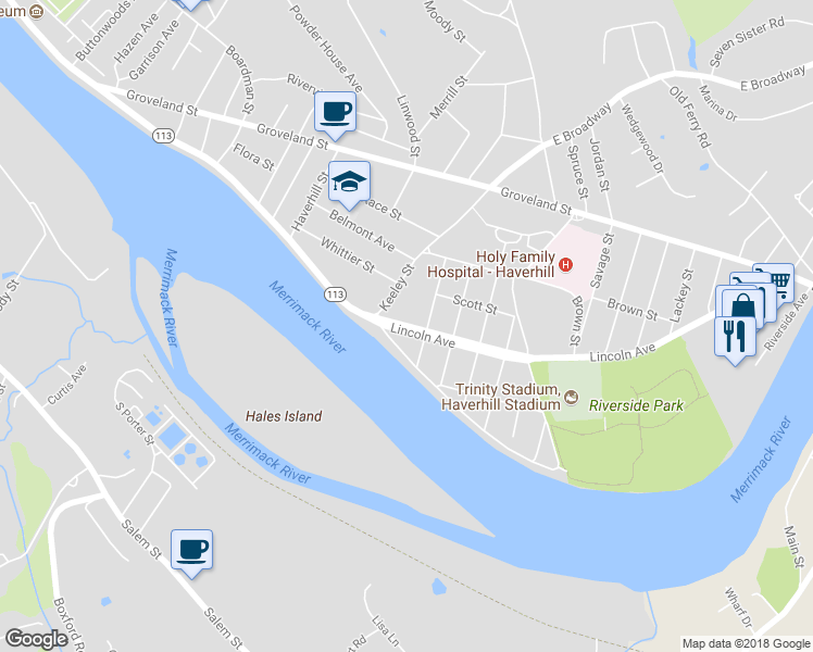 map of restaurants, bars, coffee shops, grocery stores, and more near 14 Lincoln Avenue in Haverhill