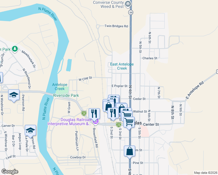 map of restaurants, bars, coffee shops, grocery stores, and more near 338 N 2nd St in Douglas