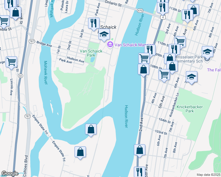 map of restaurants, bars, coffee shops, grocery stores, and more near 6000 Admiral's Walk Drive in Cohoes