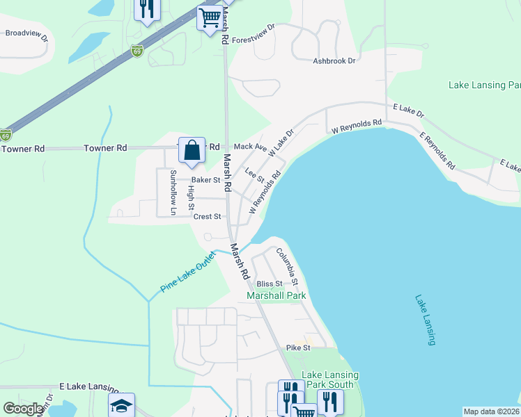 map of restaurants, bars, coffee shops, grocery stores, and more near 6240 West Reynolds Road in Meridian charter Township