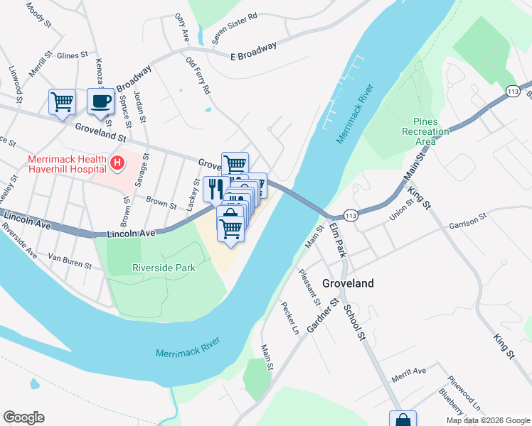 map of restaurants, bars, coffee shops, grocery stores, and more near 285 Lincoln Avenue in Haverhill