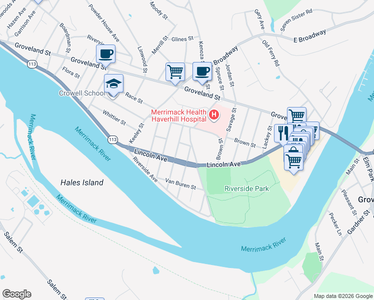 map of restaurants, bars, coffee shops, grocery stores, and more near 70 Jefferson Street in Haverhill