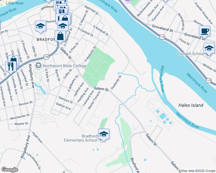map of restaurants, bars, coffee shops, grocery stores, and more near 14 Peabody Street in Haverhill