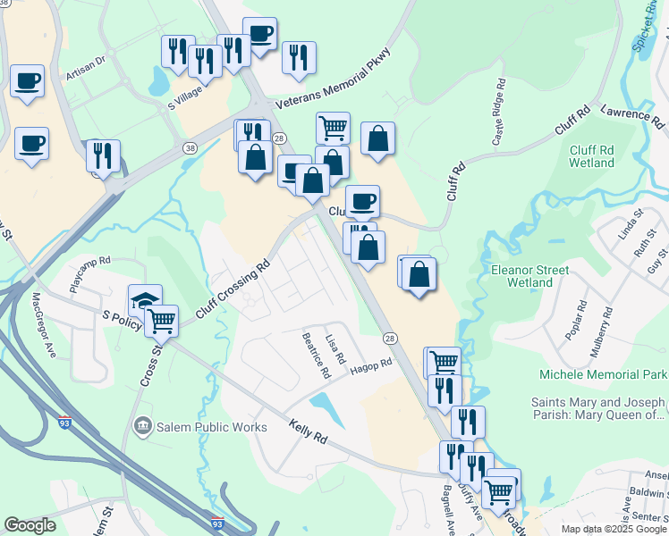 map of restaurants, bars, coffee shops, grocery stores, and more near 9 Tiffany Road in Salem