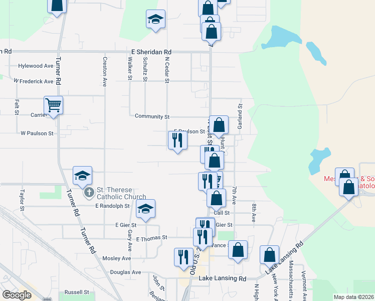 map of restaurants, bars, coffee shops, grocery stores, and more near 544 East Howe Avenue in Lansing