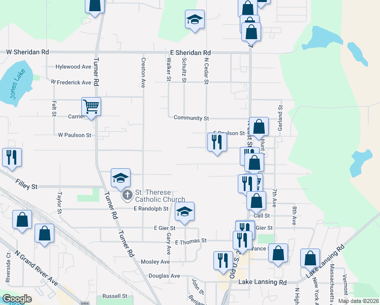 map of restaurants, bars, coffee shops, grocery stores, and more near 416 East Howe Avenue in Lansing