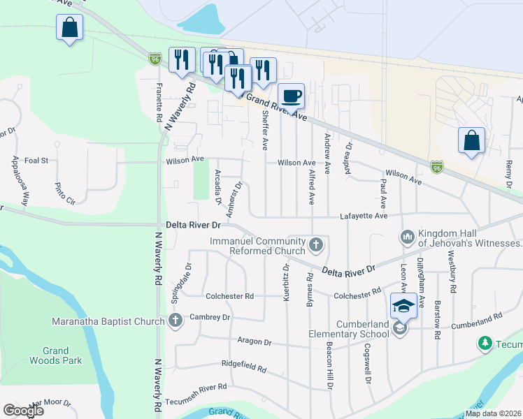 map of restaurants, bars, coffee shops, grocery stores, and more near 2910 Lafayette Circle in Lansing