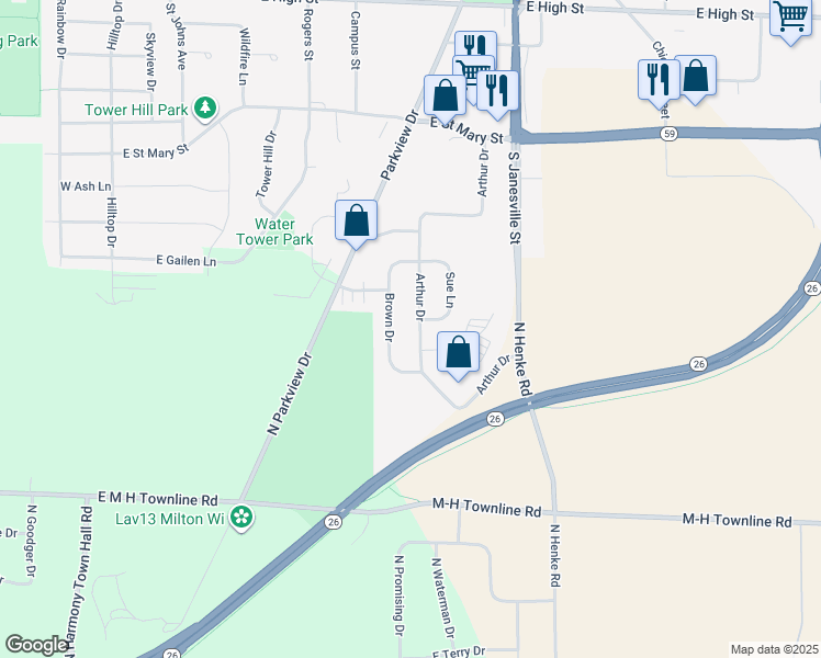 map of restaurants, bars, coffee shops, grocery stores, and more near 1141 Arthur Drive in Milton