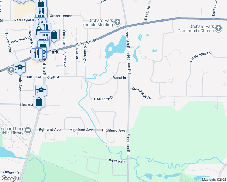 map of restaurants, bars, coffee shops, grocery stores, and more near 30 South Meadow Drive in Orchard Park