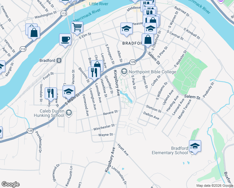 map of restaurants, bars, coffee shops, grocery stores, and more near 1 South Maple Avenue in Haverhill