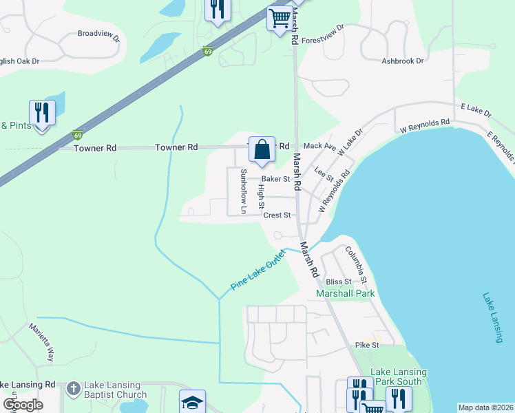 map of restaurants, bars, coffee shops, grocery stores, and more near 6279 High Street in Meridian charter Township