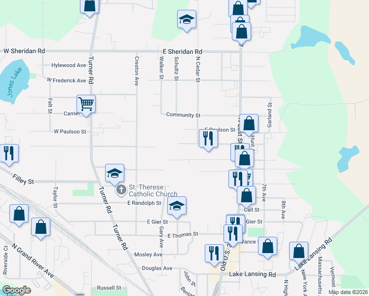 map of restaurants, bars, coffee shops, grocery stores, and more near 416 East Howe Avenue in Lansing
