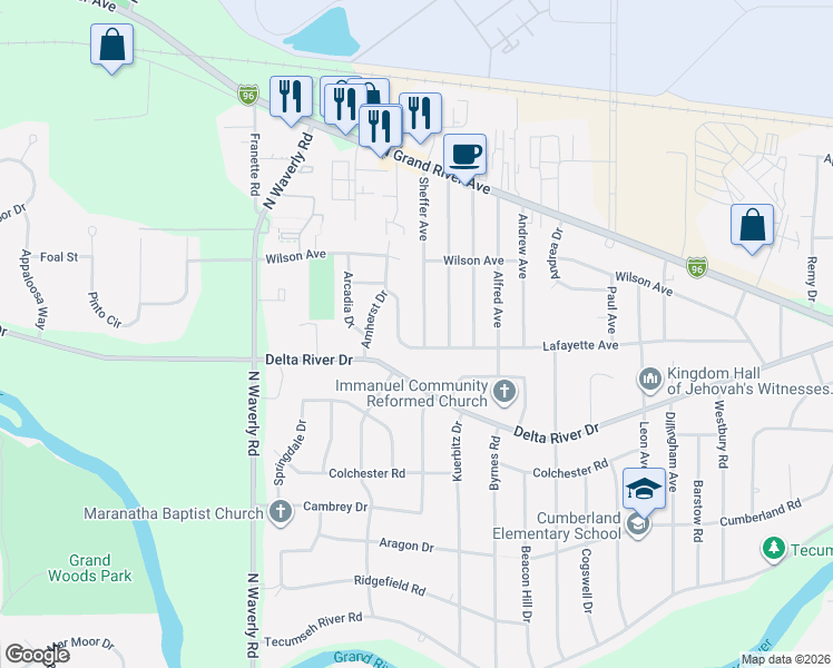 map of restaurants, bars, coffee shops, grocery stores, and more near 2910 Lafayette Circle in Lansing