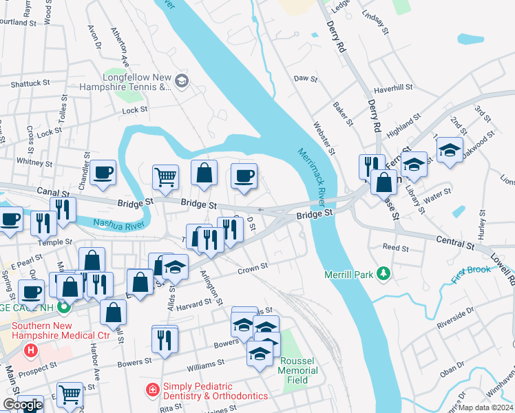 map of restaurants, bars, coffee shops, grocery stores, and more near 60 Bridge Street in Nashua