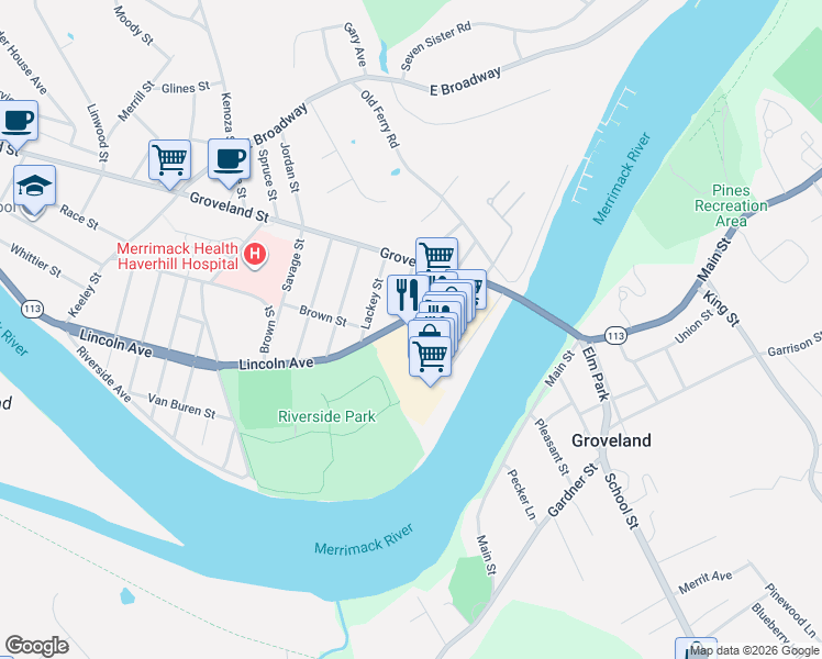 map of restaurants, bars, coffee shops, grocery stores, and more near 215 Lincoln Avenue in Haverhill