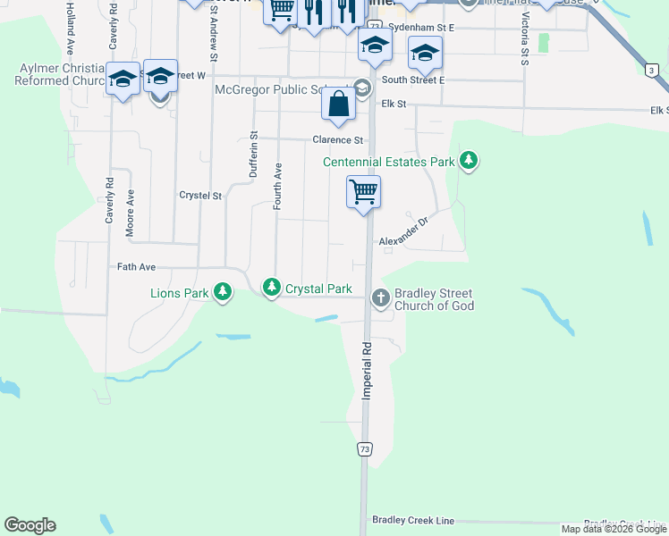 map of restaurants, bars, coffee shops, grocery stores, and more near 89 York Street in Aylmer