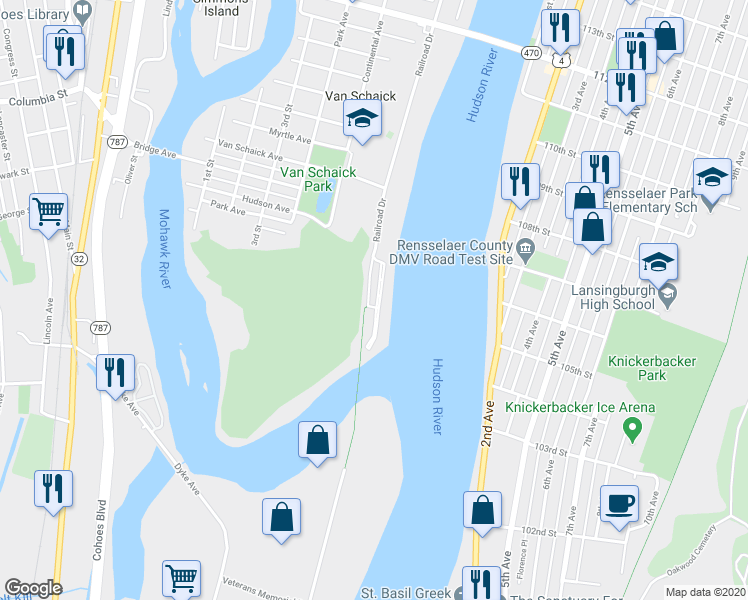 map of restaurants, bars, coffee shops, grocery stores, and more near 5207 Admiral's Walk Drive in Cohoes